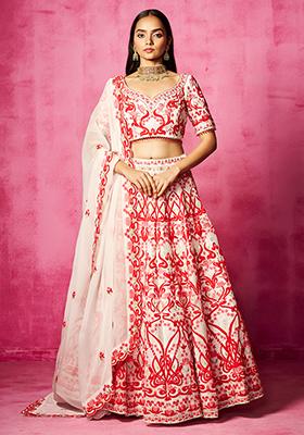 Ivory Embroidered Organza V Neck Lehenga Set