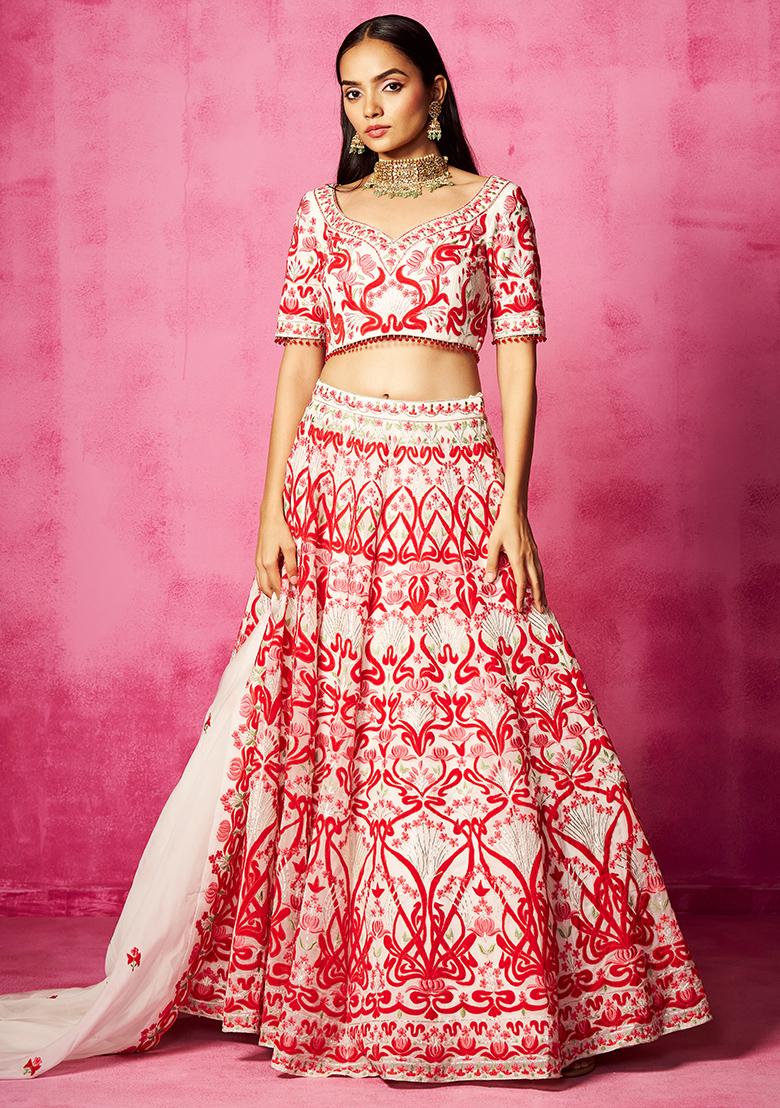 Ivory Embroidered Organza V Neck Lehenga Set