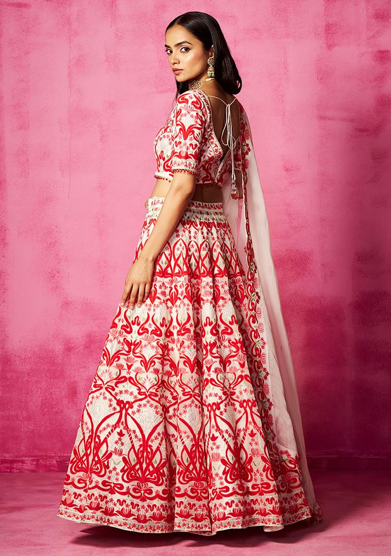 Ivory Embroidered Organza V Neck Lehenga Set