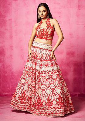 Ivory Embroidered Organza And Velvet Cutwork Lehenga Set