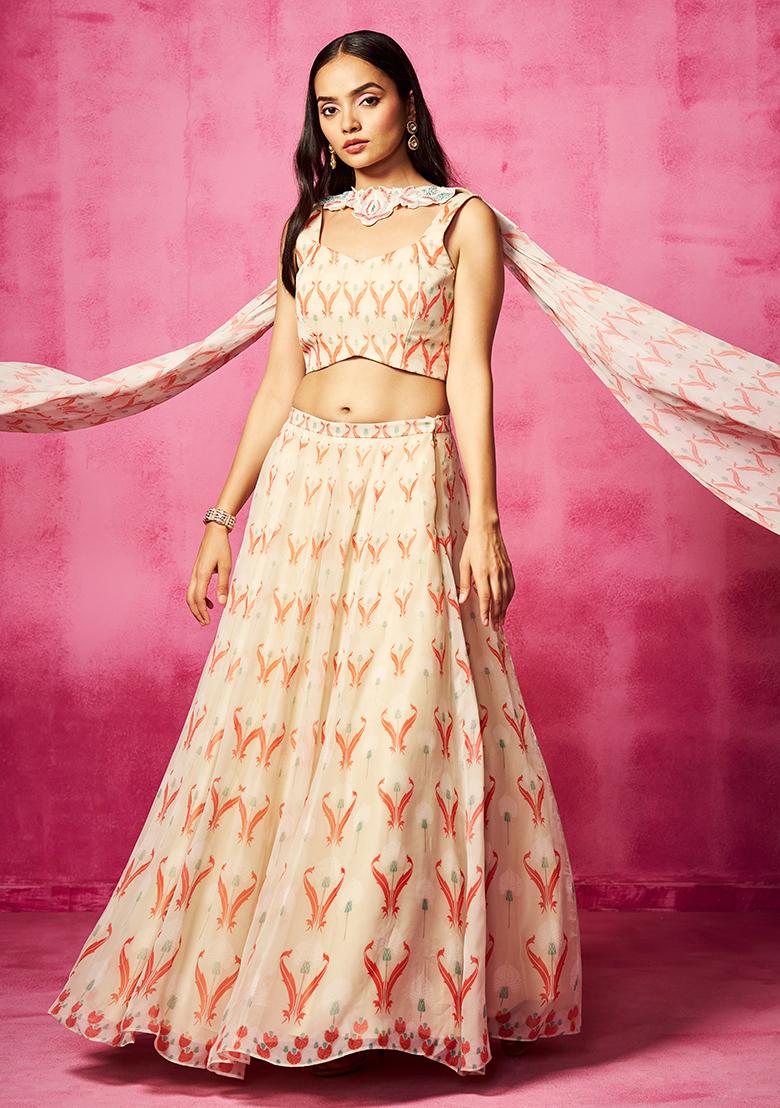 Ivory Printed And Embroidered Lehenga Set