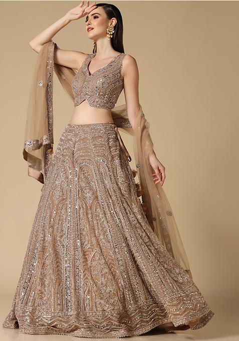 Gold Acrylic Mirror Work Lehenga With Blouse And Dupatta