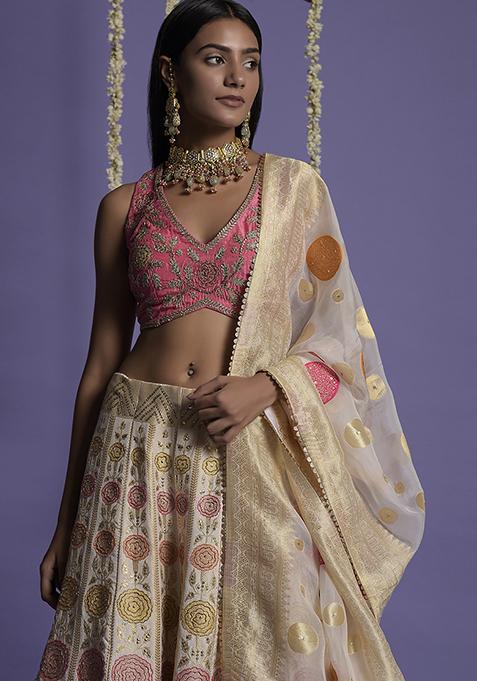 Rose Enchantment Banarasi Silk Lehenga- Rent main image 0