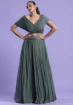 Green Embroidered Satin Skirt Set