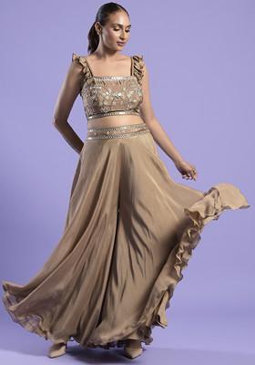 Gold Mirror Work Crepe Sharara Set