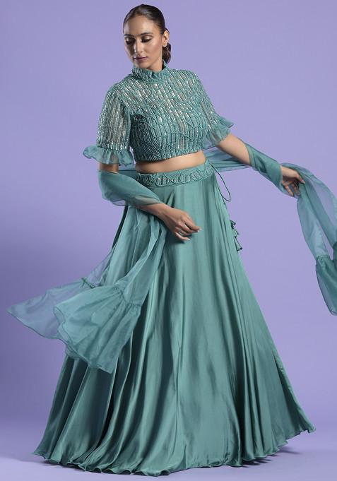 Teal Sequin Embroidered High Neck Lehenga Set