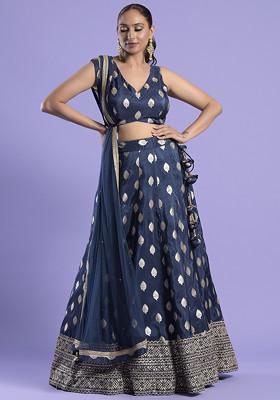 Navy Zari Work Banarasi Silk Lehenga Set