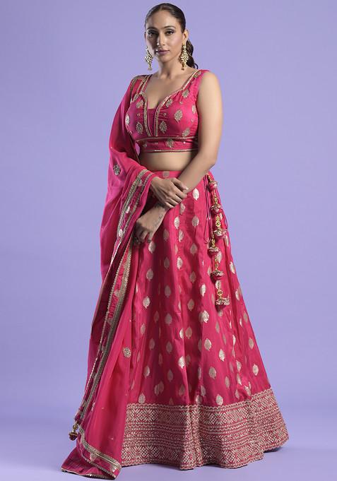 Fuchsia Pink Zari Work Banarasi Silk Lehenga Set