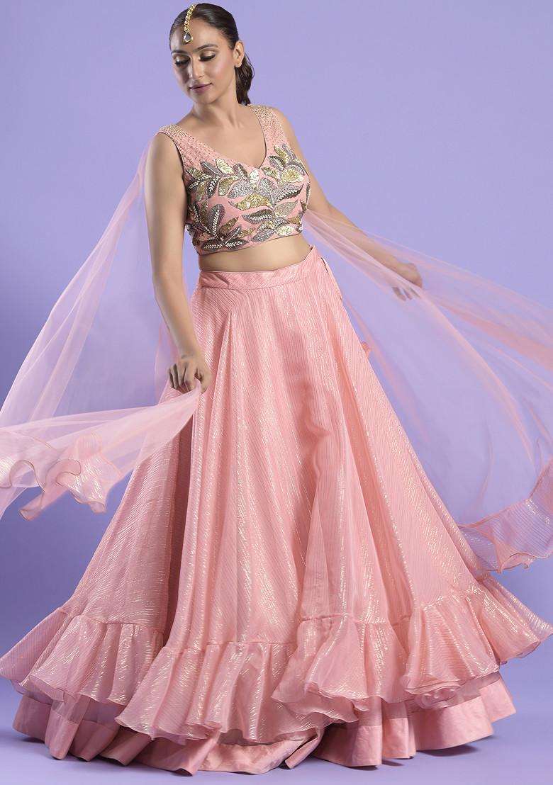 Pink Zari Embroidered Tissue Silk Lehenga Set