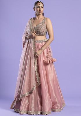 Pink Zardozi Embroidered Tissue Lehenga Set