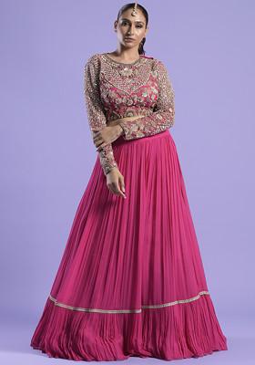 Fuchsia Pink Zardozi Embroidered Georgette Lehenga Set