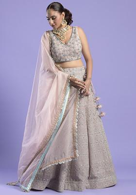 Pink Zari Work Organza Lehenga Set