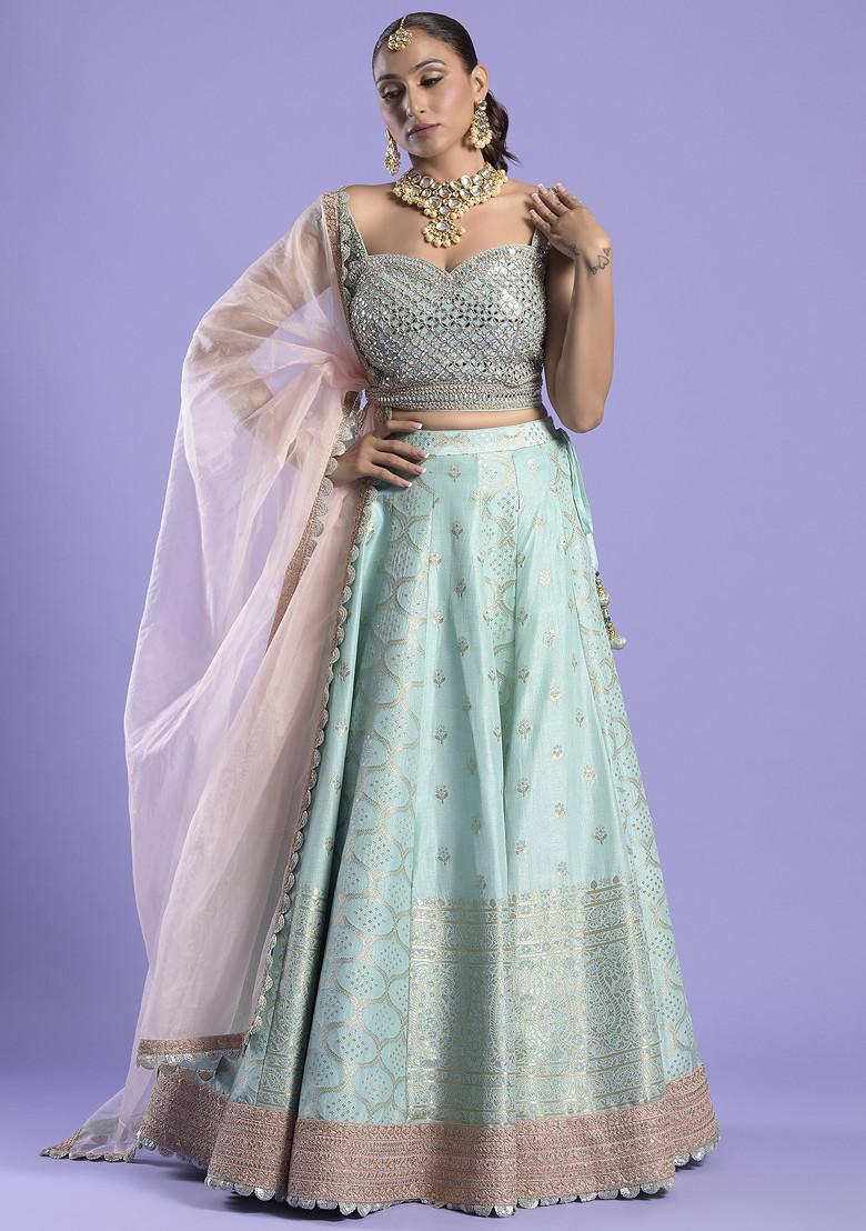 Powder Blue Mirror Work Banarasi Silk Lehenga Set