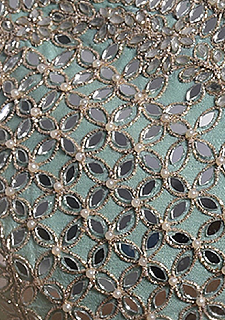 Powder Blue Mirror Work Banarasi Silk Lehenga Set