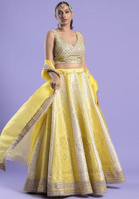 Yellow And Ivory Mirror Work Banarasi Silk Lehenga Set