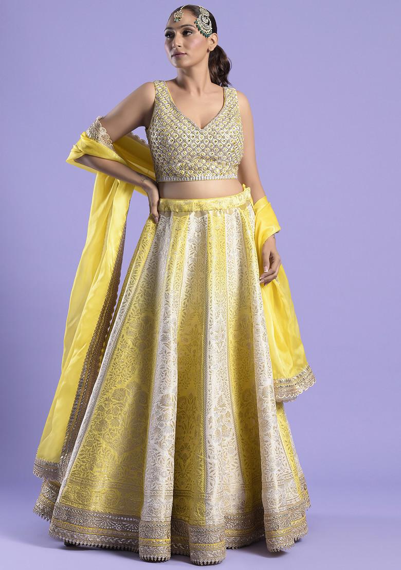 Yellow And Ivory Mirror Work Banarasi Silk Lehenga Set