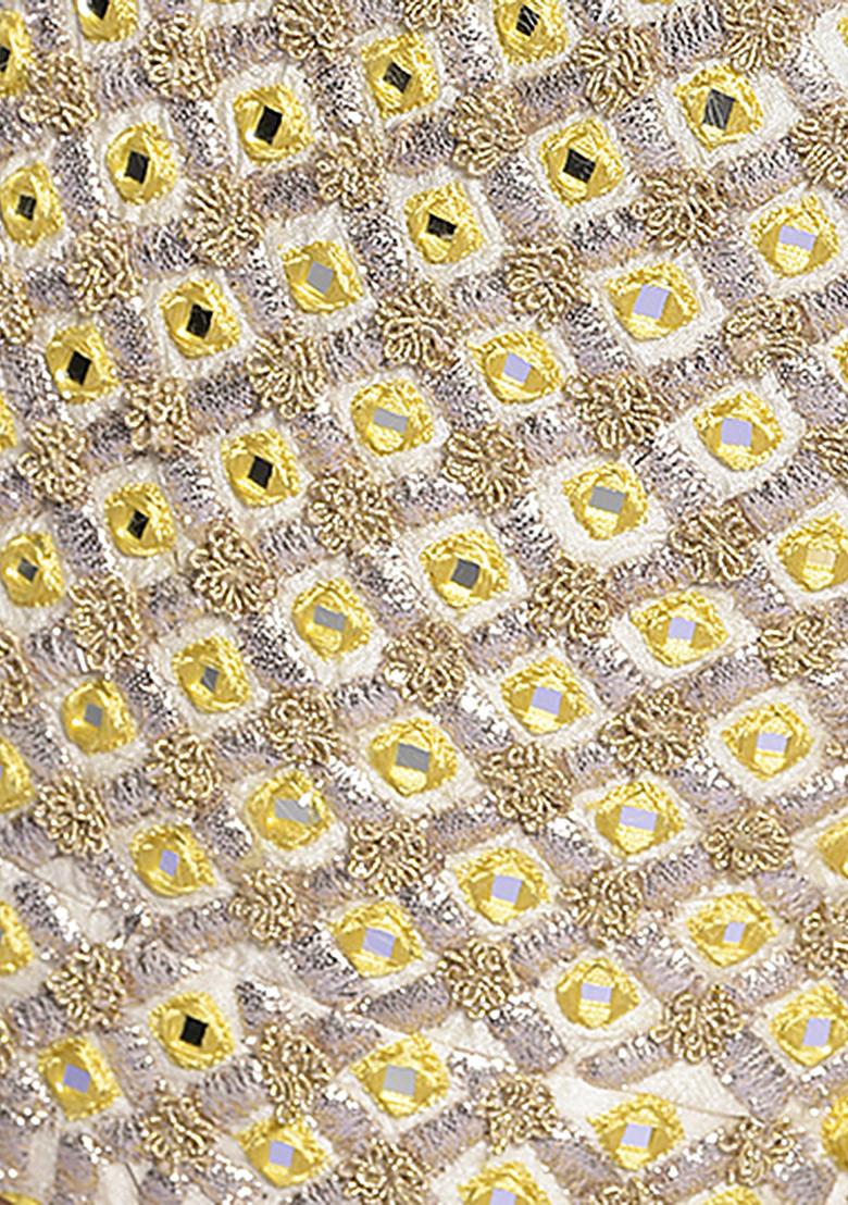 Yellow And Ivory Mirror Work Banarasi Silk Lehenga Set