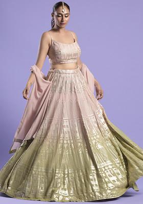 Nude Pink Ombre Zari Embroidered Organza Lehenga Set