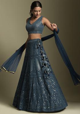 Teal Blue Sequin Embroidered Georgette Lehenga Set