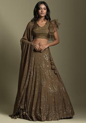 Brown Sequin Embroidered Georgette Lehenga Set
