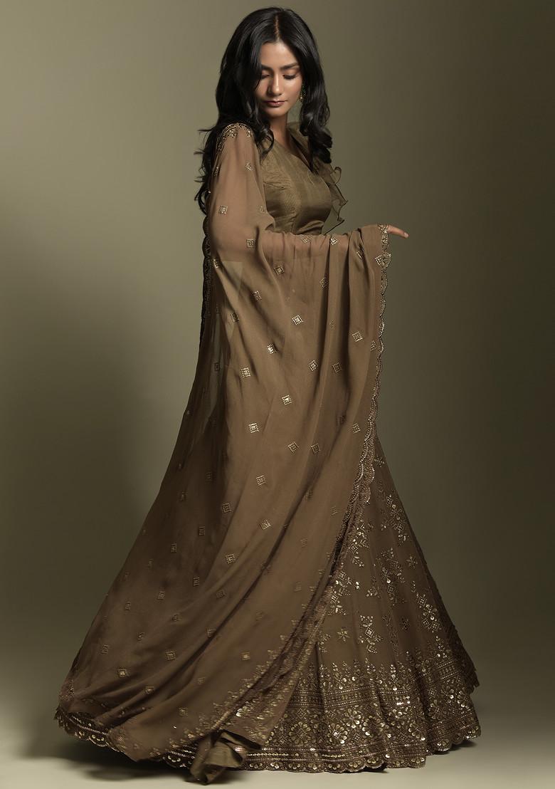 Brown Sequin Embroidered Georgette Lehenga Set