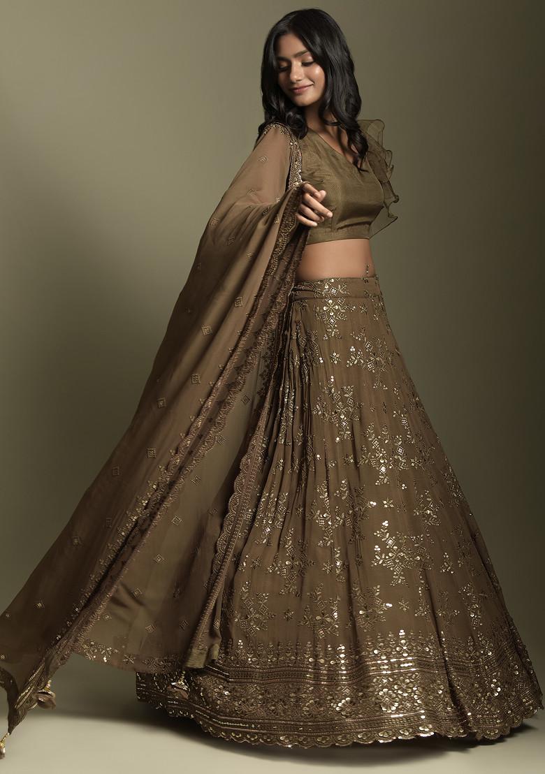 Brown Sequin Embroidered Georgette Lehenga Set
