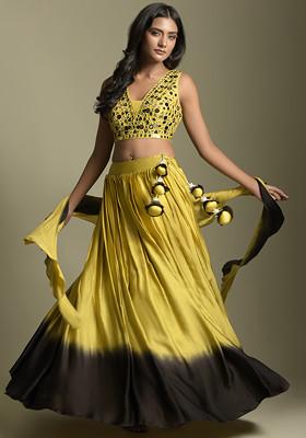 Yellow And Black Mirror Embroidered Lehenga Set