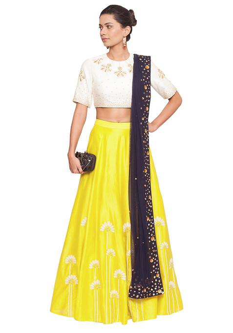 Off White Embroidered Blouse With Yellow Skirt And Sequin Embroidered Dupatta