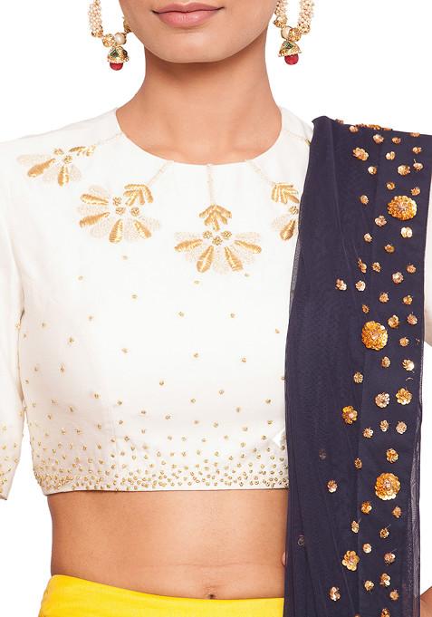 Magnificent Mustard Designer Embroidered Sequin Crop Top with Drape Skirt & Dupatta