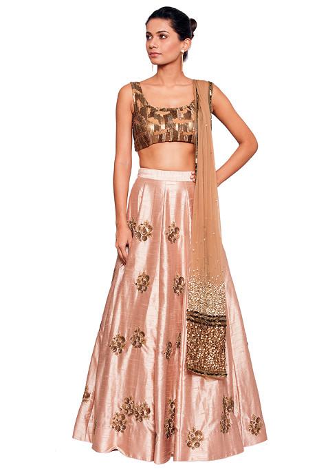 Bronze Embellished Blouse With Floral Blush Pink Skirt And Bronze Dupatta Set