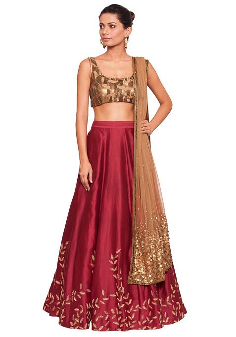 Bronze Embellished Blouse With Embroidered Maroon Skirt And Bronze Dupatta Set