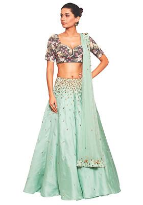 Sea Green Tropical Print Blouse With Sea Green Fall Leaf Skirt And Dupatta