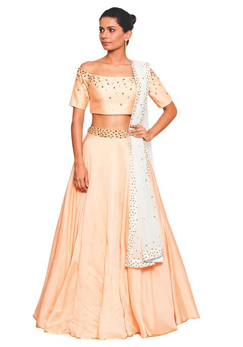 Peach Off Shoulder Blouse And Skirt Set