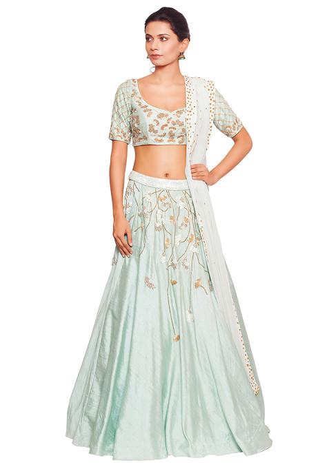 Mint Green Pearl Sequin Embroidered Blouse With Skirt And Dupatta Set