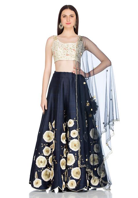 Off White And Midnight Blue Daisy Embroidered Lehenga Set