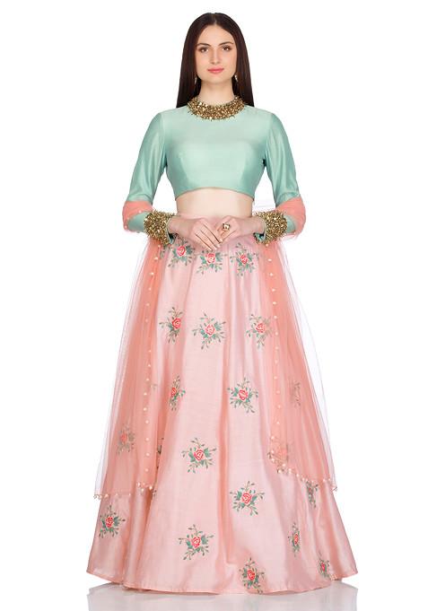 Sea Green And Coral Carnation Embroidered Lehenga Set