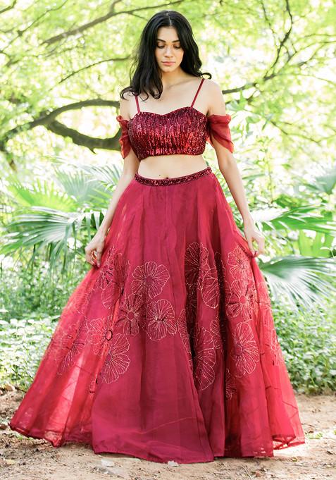 Red Marsala Sequin Embroidered Lehenga Set