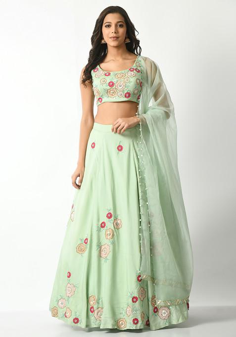Mint Green Floral Sequin Embroidered Lehenga Set