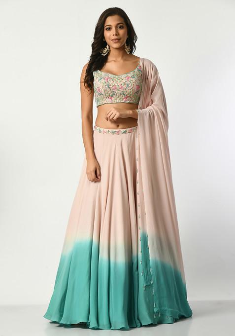 Blush And Teal Ombre Sequin Embroidered Lehenga Set