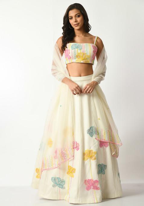 Off White Floral Sequin Embroidered Lehenga Set