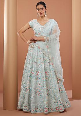 Blue Bead Embroidered Raw Silk Lehenga Set