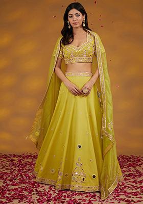 Yellow Mirror Embroidered Georgette Lehenga Set