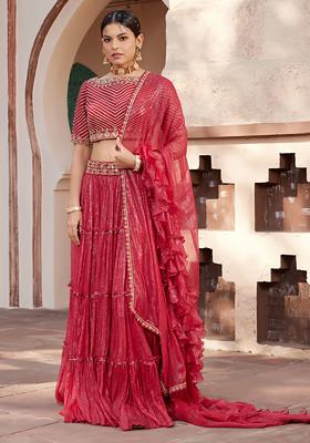 Red Mughal Hand Embroidered Raw Silk Lehenga Set