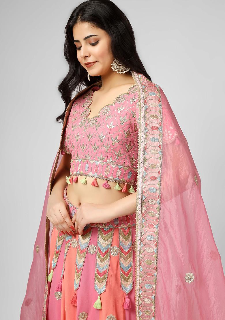Pink Gotta Dori Embroidered Silk Georgette Lehenga Set