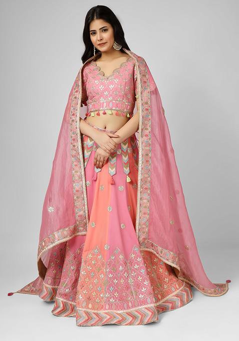 Pink Gotta Dori Embroidered Silk Georgette Lehenga Set