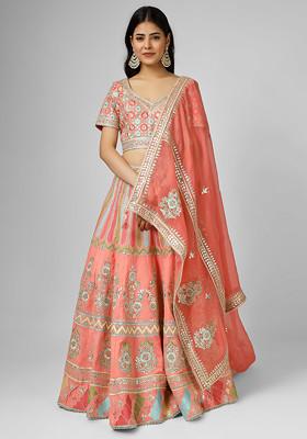 Orange Gota Dori Embroidered Silk Georgette Lehenga Set