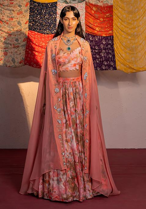 Coral Pink Sequin Embroidered And Digital Print Lehenga Set