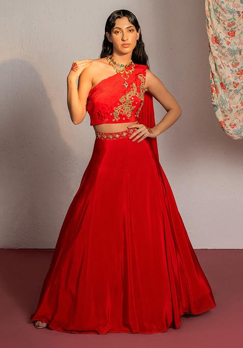 Red Sequin Embellished Lehenga Set