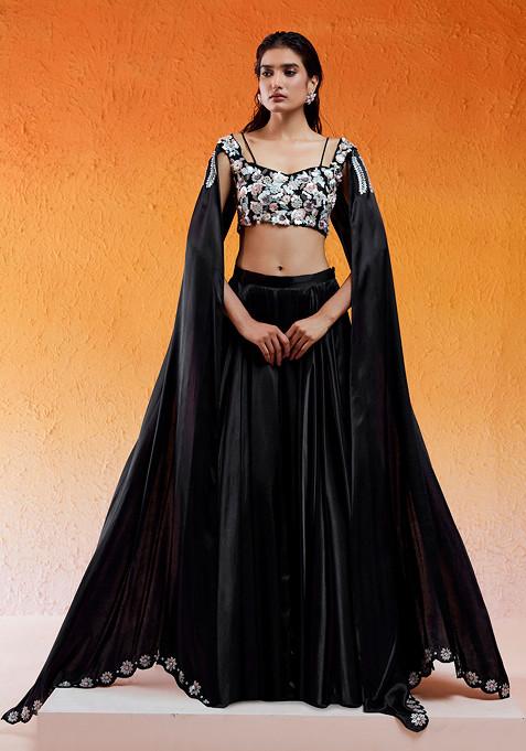Black Sequin Embroidered Modal Satin Lehenga Set