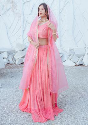 Peach Embroidered Georgette Chikankari Lehenga Set